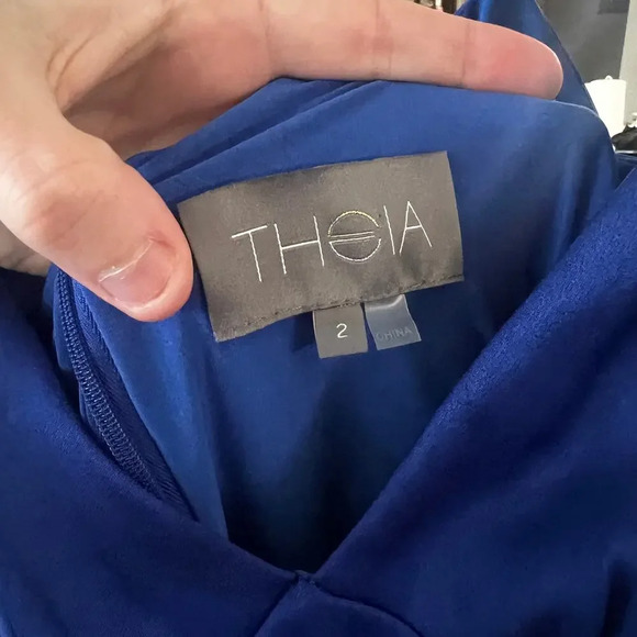 100 THEIA Plunge Necklune Midi Dress Size 2 Color Blue - Picture 5 of 8